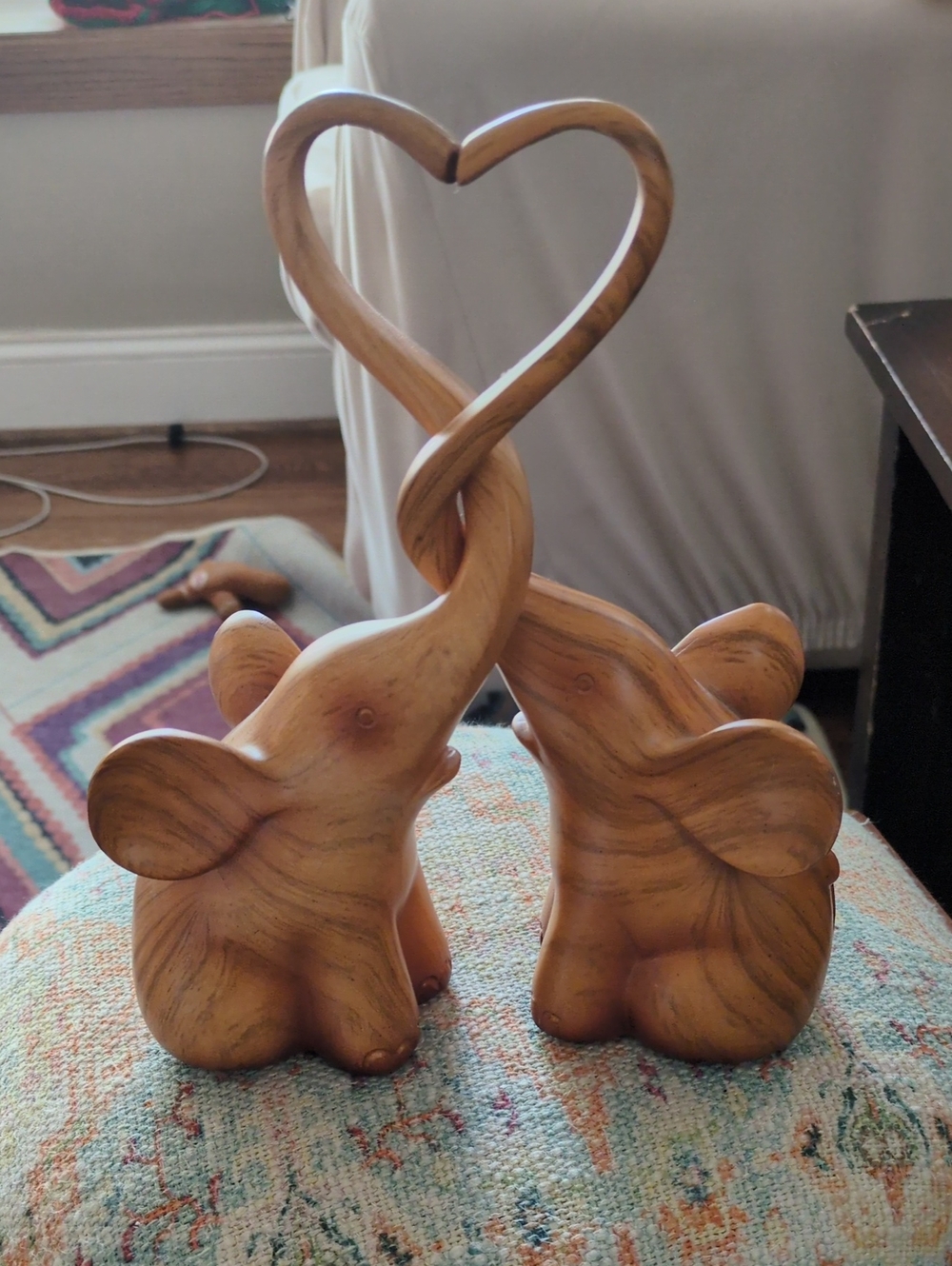 Wooden Elephant Pair Sculpture - Natural Brown Home Art; Love Elephants